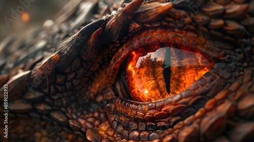 A dramatic close-up of a dragon's eyes, with reflections of fire flames in its pupils © Davy