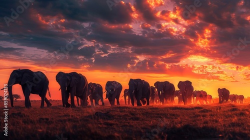 Elephant Herd Sunset Silhouette