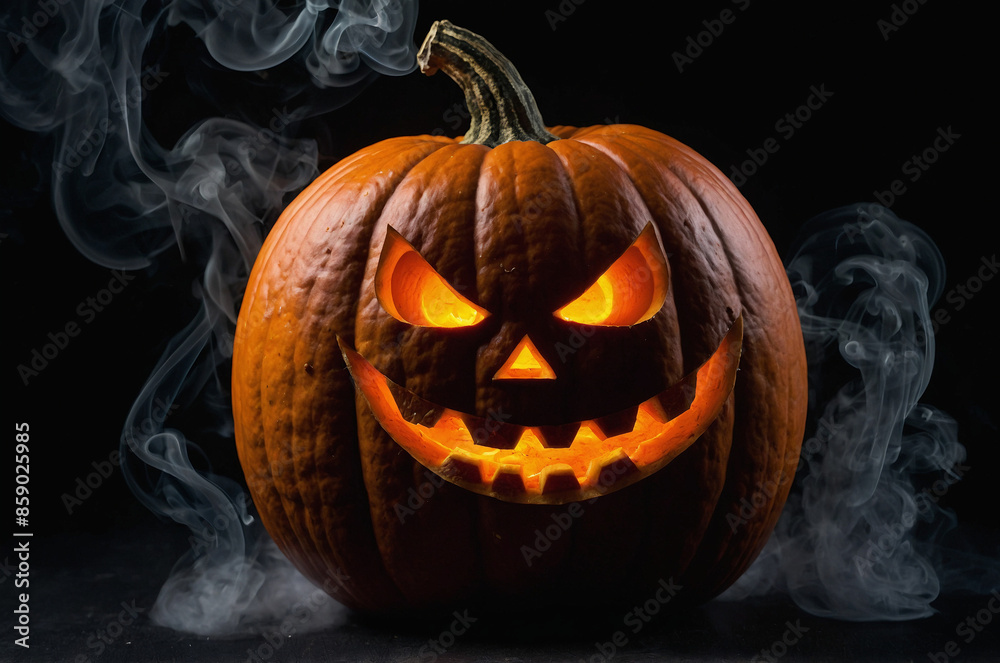 Halloween Kürbislaterne mit Rauch vor schwarzem Hintergrund Halloween Kürbislaterne mit Rauch vor schwarzem Hintergrund