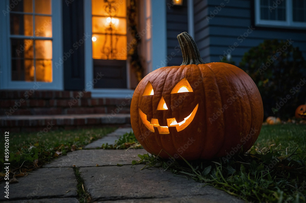 Obraz premium Halloween Kürbislaterne vor einem Haus bei Nacht