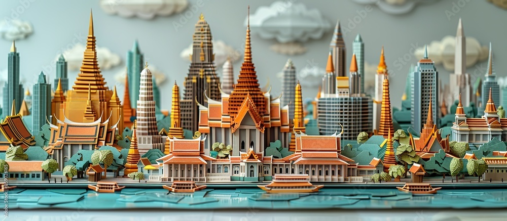 Obraz premium This intricate paper craft of Bangkok cityscape beautifully depicts the city's famous landmarks, from historic temples to modern skyscrapers, making it a best-selling illustration. Illustration,