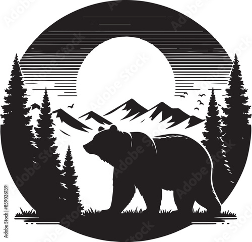 
silhouette bear black and white with white background