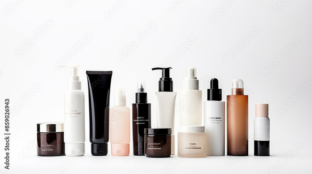 Cosmetic items isolated against a stark white background Cosmetic items isolated against a stark white background
