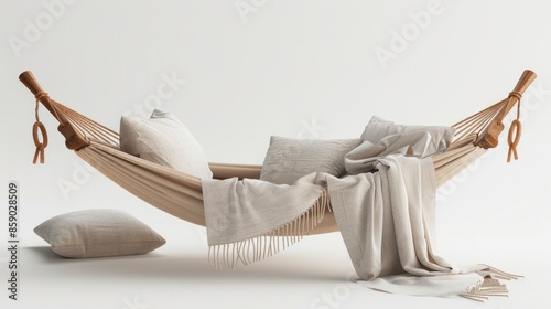 hammock with a pillow and blanket on a white background