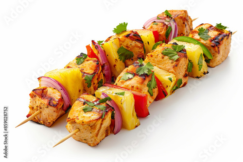 Skewers with pieces of pineapple, grilled chicken, red onion and paprika on white, copy space
