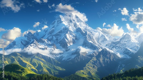 Majestic snow-capped mountain peak with a backdrop of lush green valleys under a clear blue sky.