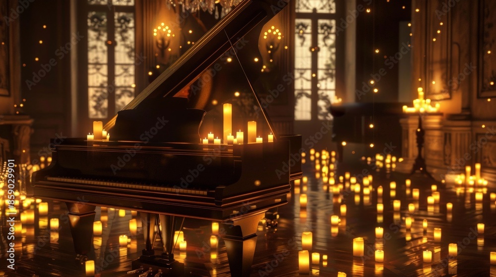 Visualize a grand piano in a candlelit room, with soft, flickering lights creating a warm and intimate ambiance. Emphasize the romantic and serene mood of the scene. Visualize a grand piano in a candlelit room, with soft, flickering lights creating a warm and intimate ambiance. Emphasize the romantic and serene mood of the scene.