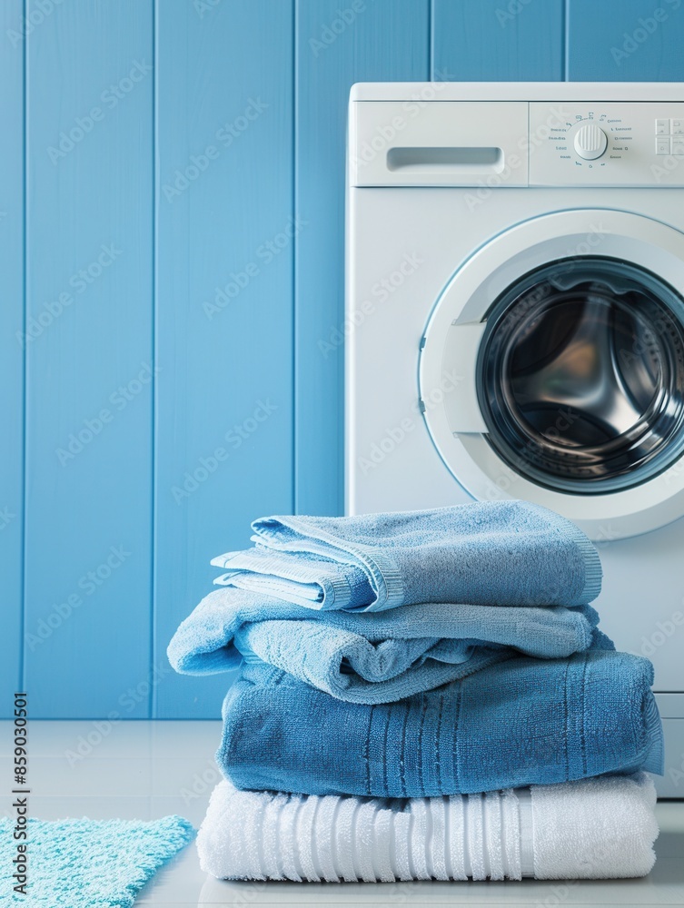 A stack of neatly folded, clean laundry sits beside a white washing machine. The laundry is in a modern bathroom or laundry room with blue walls. Generative AI A stack of neatly folded, clean laundry sits beside a white washing machine. The laundry is in a modern bathroom or laundry room with blue walls. Generative AI