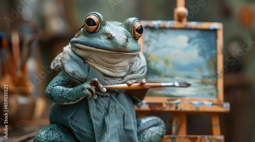 A frog in a tiny artist's smock, painting a masterpiece on a miniature easel photo