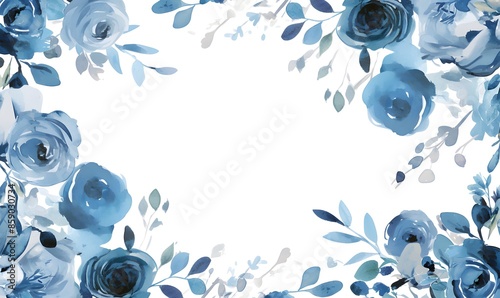 Fototapeta Naklejka Na Ścianę i Meble -  watercolor frame blue roses and green leaves on white background, Generative AI