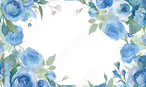 Fototapeta Naklejka Na Ścianę i Meble -  watercolor frame blue roses and green leaves on white background, Generative AI