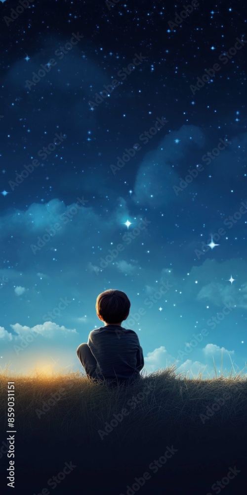 Fototapeta premium boy sitting against the background of the starry night sky, children's dreams, fantasies, background wallpaper