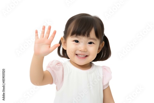 happy smiling child waving his hand isolated on white background