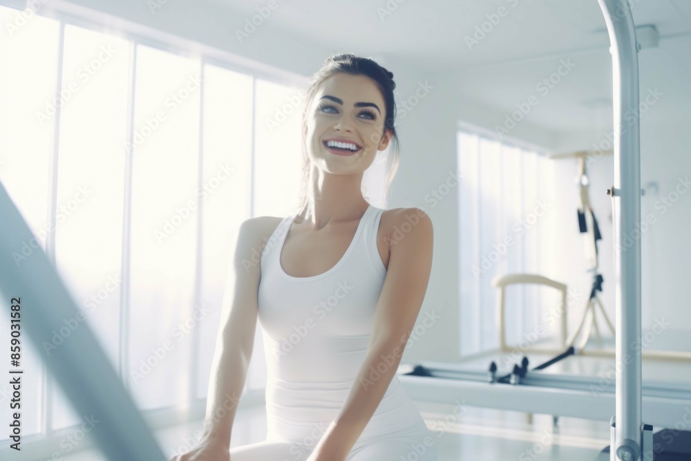 young woman in the gym pilates yoga background young woman in the gym pilates yoga background