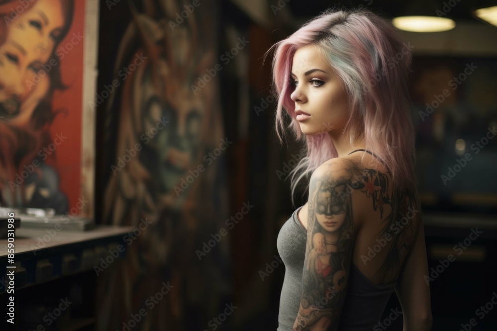 tattooed girl against the background of a tattoo salon portrait close-up tattooed girl against the background of a tattoo salon portrait close-up