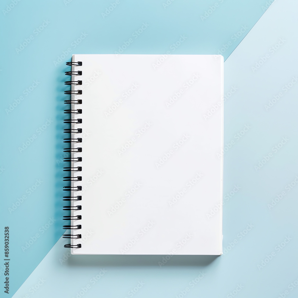 White Hardcover Spiral Notebook on Light Blue Background White Hardcover Spiral Notebook on Light Blue Background