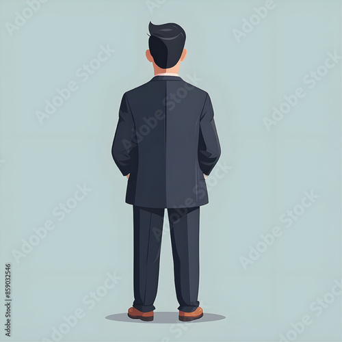The Man in the Suit: A lone figure in a sharp suit stands with his back turned, exuding an air of mystery and contemplation against a minimalist backdrop. 
