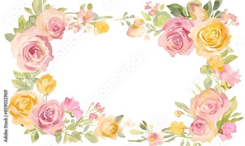 watercolor frame pink and yellow roses and green leaves on white background, Generative AI
