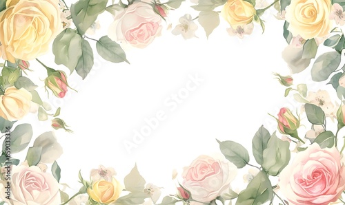 watercolor frame pink and yellow roses and green leaves on white background, Generative AI