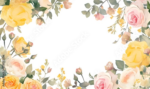 Fototapeta Naklejka Na Ścianę i Meble -  watercolor frame pink and yellow roses and green leaves on white background, Generative AI