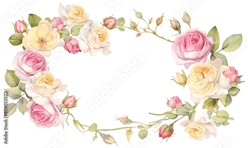 watercolor frame pink and yellow roses and green leaves on white background, Generative AI © simba kim