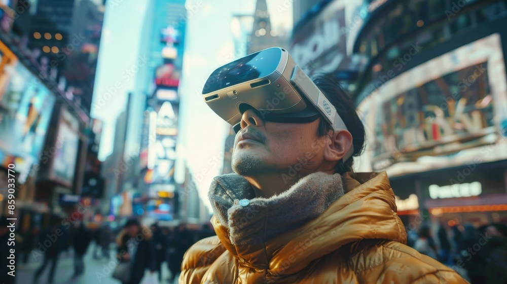Obraz premium Visualize a person using augmented reality glasses to navigate a new city, with real-time information and directions overlaying their view, making exploration intuitive and interactive.