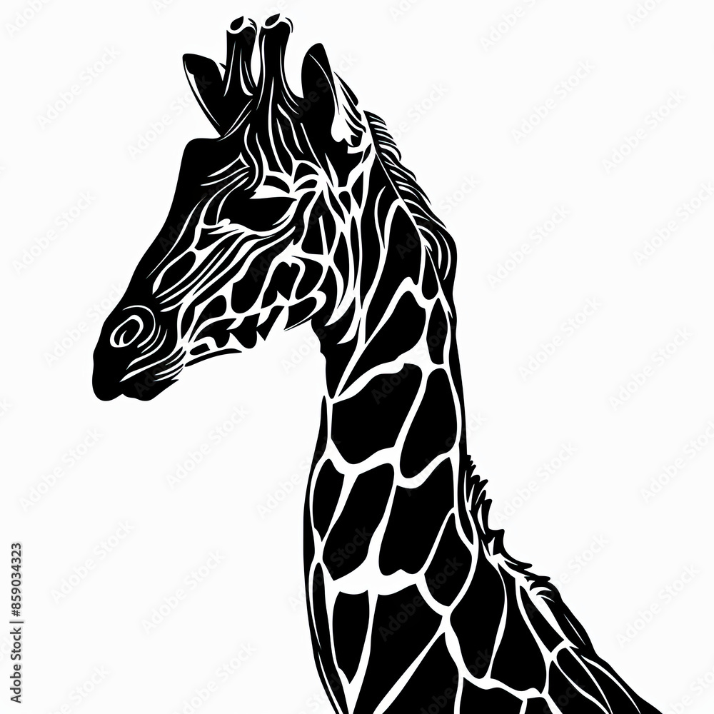 Naklejka premium A black and white drawing of a giraffe 's head and neck