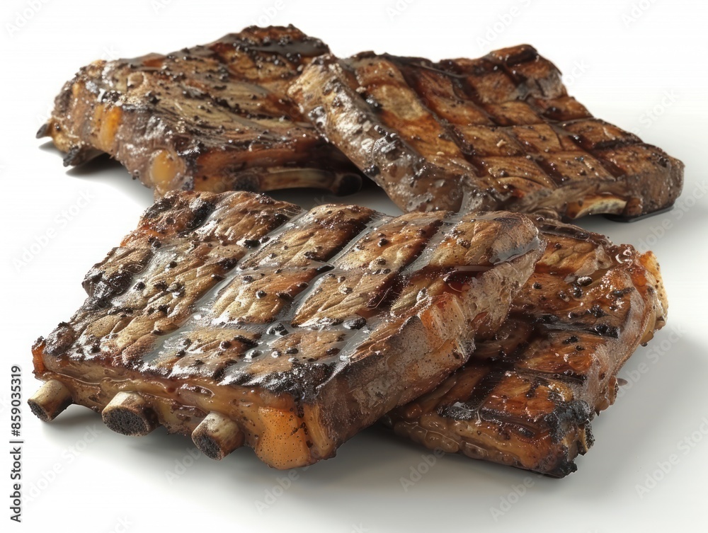 A close-up shot of four grilled ribs, glistening with sauce and ready to eat A close-up shot of four grilled ribs, glistening with sauce and ready to eat