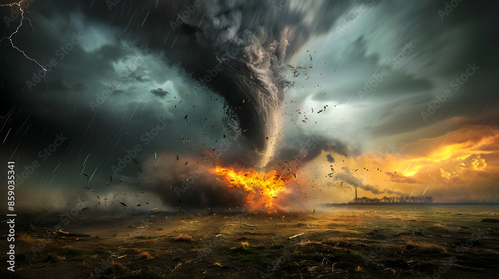 Tornado funnel cloud touching down in an open field with dark stormy skies, debris flying in the air, and a lightning strike illuminating the scene Tornado funnel cloud touching down in an open field with dark stormy skies, debris flying in the air, and a lightning strike illuminating the scene