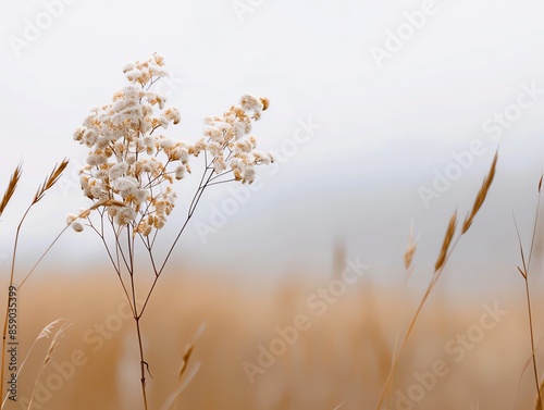 Beautiful close-up of wildflowers and grasses in a foggy field, creating a serene and peaceful natural scene. © ontsunan