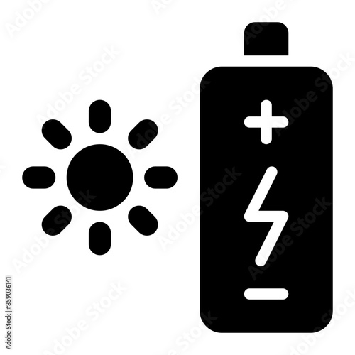 solar battery, solar energy, sustainable energy, renewable energy, sun, battery, lithium, rechargeable solid glyph icon
