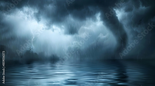 Tornado over a calm lake, reflecting its menacing form in the water, surrounded by dark clouds and heavy rain