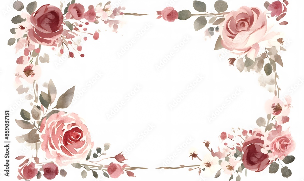watercolor frame roses and leaves on white background, Generative AI watercolor frame roses and leaves on white background, Generative AI