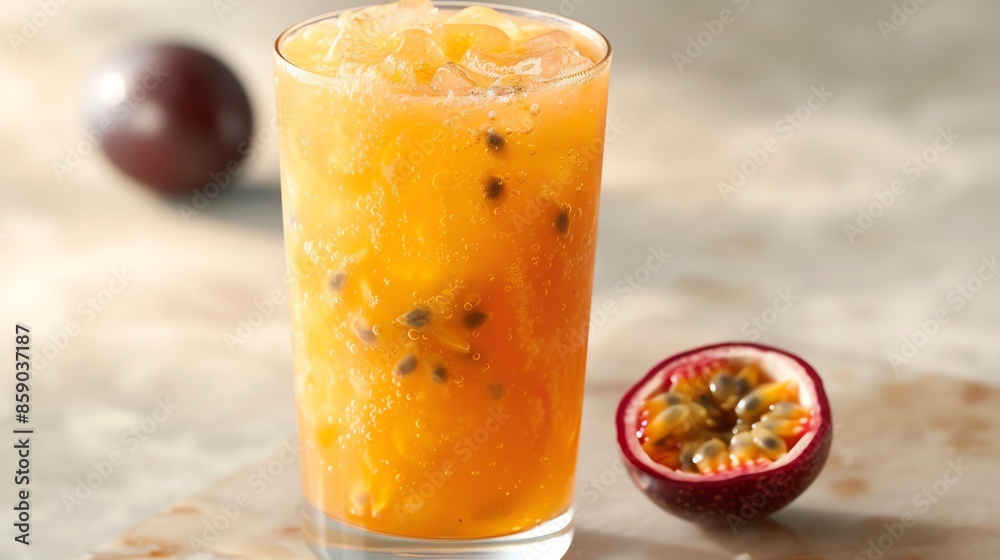 Fototapeta premium Refreshing passion fruit drink with ice and a passion fruit slice.