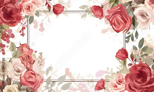 watercolor frame roses and leaves on white background, Generative AI