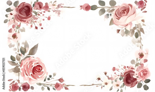 watercolor frame roses and leaves on white background, Generative AI