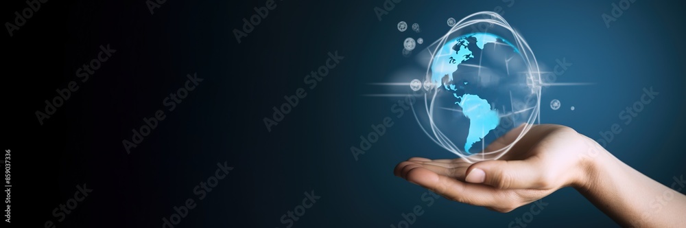 World Humanitarian Day, concept miniature planet in blue glow, dark background. AI generated. World Humanitarian Day, concept miniature planet in blue glow, dark background. AI generated.