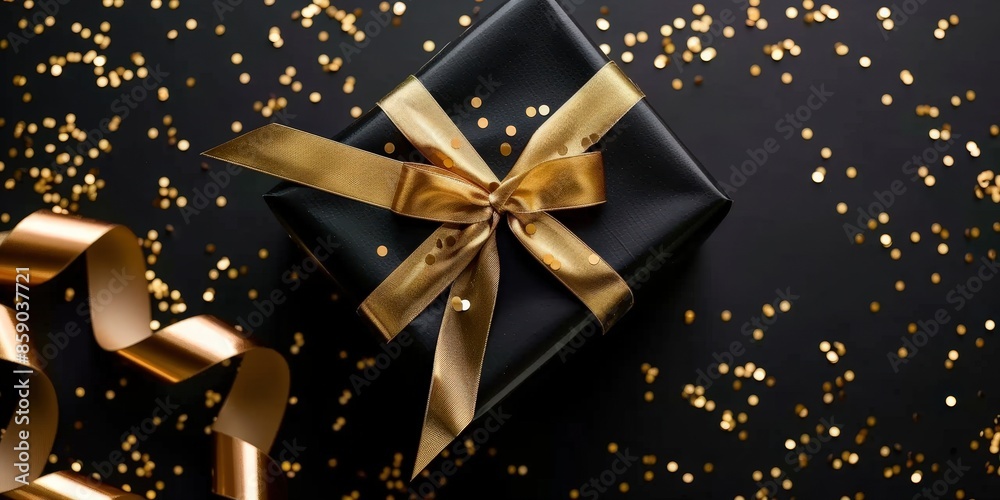 Black Gift Box with Golden Bow and Confetti Black Gift Box with Golden Bow and Confetti