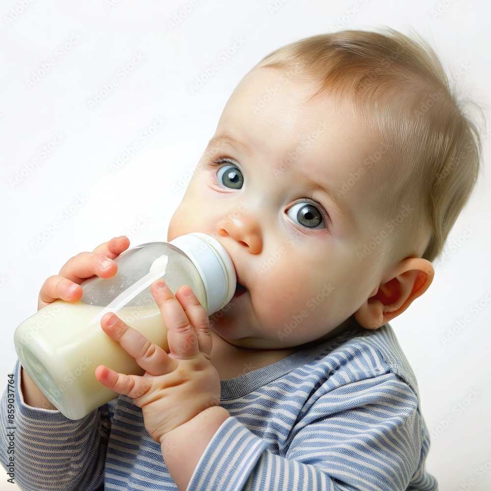 Baby Drinking Milk From Bottle on White Background. Generative AI Baby Drinking Milk From Bottle on White Background. Generative AI