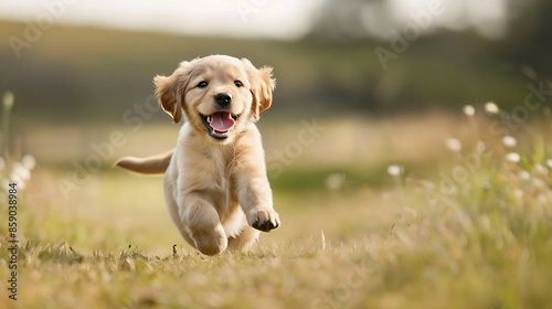 A playful golden retriever puppy running through a green field, ears flapping and tongue out, bright sunny day, flowers in the background, joyful and energetic