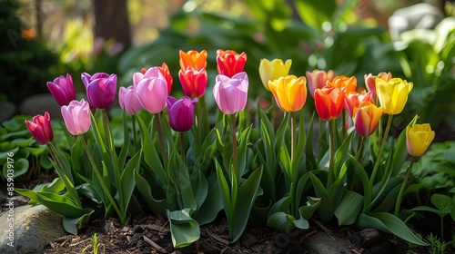 A beautiful close-up of a patch of colorful tulips in a garden.