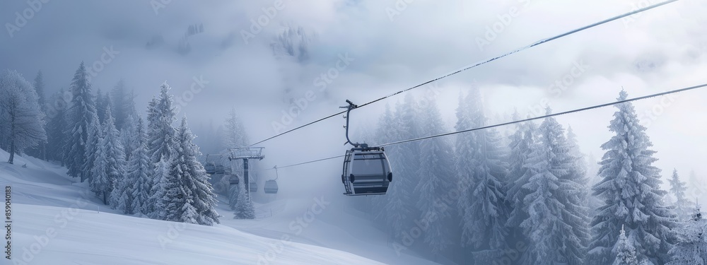 fog in winter with snow covered trees and cable car in a ski resort