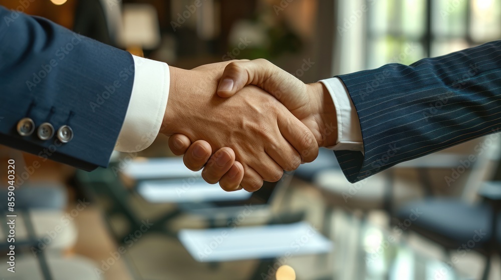 Two businessmen shake hands, signifying a successful business deal Two businessmen shake hands, signifying a successful business deal