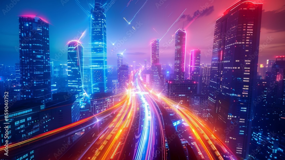 Neon light trails weaving through futuristic skyscrapers in a smart mega city dynamic and vibrant banner with copy space Neon light trails weaving through futuristic skyscrapers in a smart mega city dynamic and vibrant banner with copy space