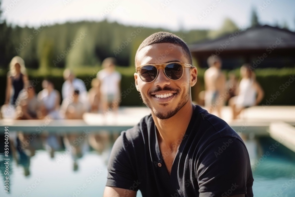 young man against the backdrop of a swimming pool and company of friends portrait close-up young man against the backdrop of a swimming pool and company of friends portrait close-up
