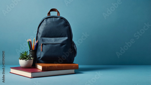 blue backpack with a colorful book