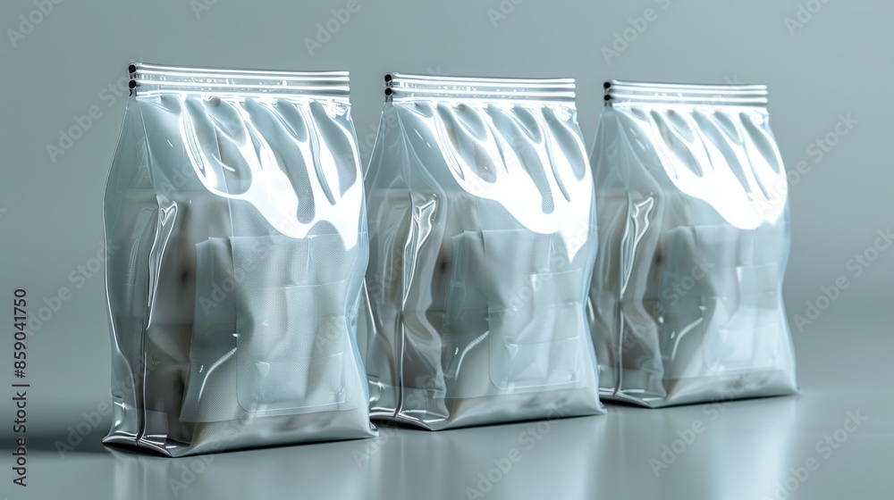 A close-up shot of three transparent plastic bags with a smooth, glossy finish A close-up shot of three transparent plastic bags with a smooth, glossy finish