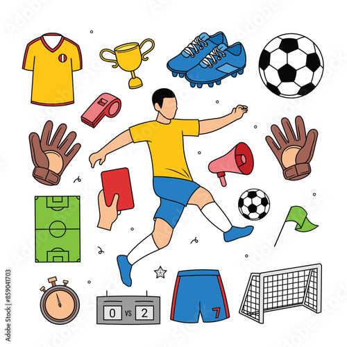 Soccer ball equipments doodle set vector illustration