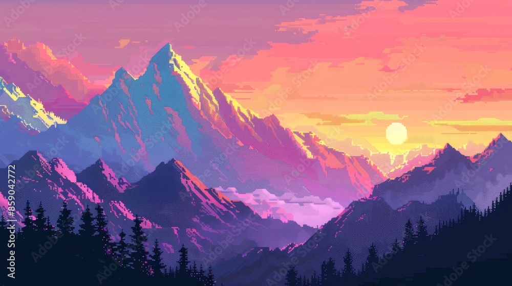 Pixel art mountain landscape at sunset Pixel art mountain landscape at sunset