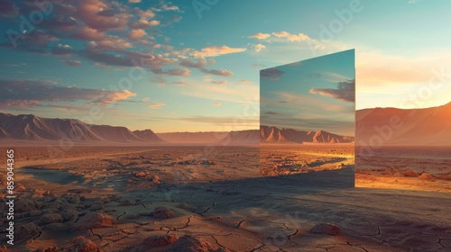 Desert landscape with mirrored portal at sunset, surreal concept
